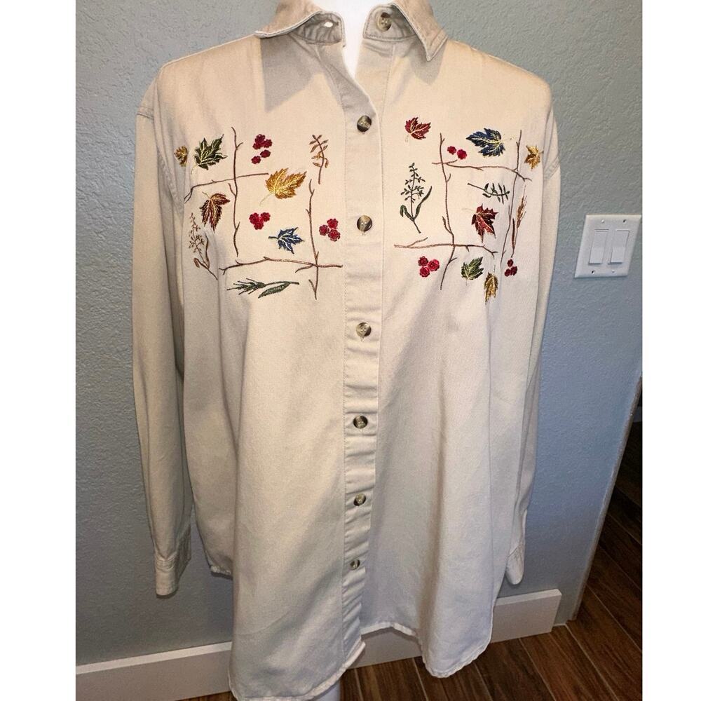 Vnt Casey & max Embroidered leaf leaves flannel shirt button up Sz Lrg granny